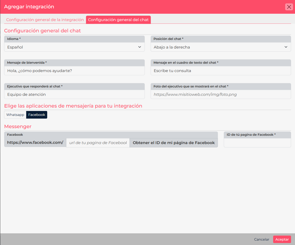Messenger settings in the widget, including greeting, introductory text, and Page details.