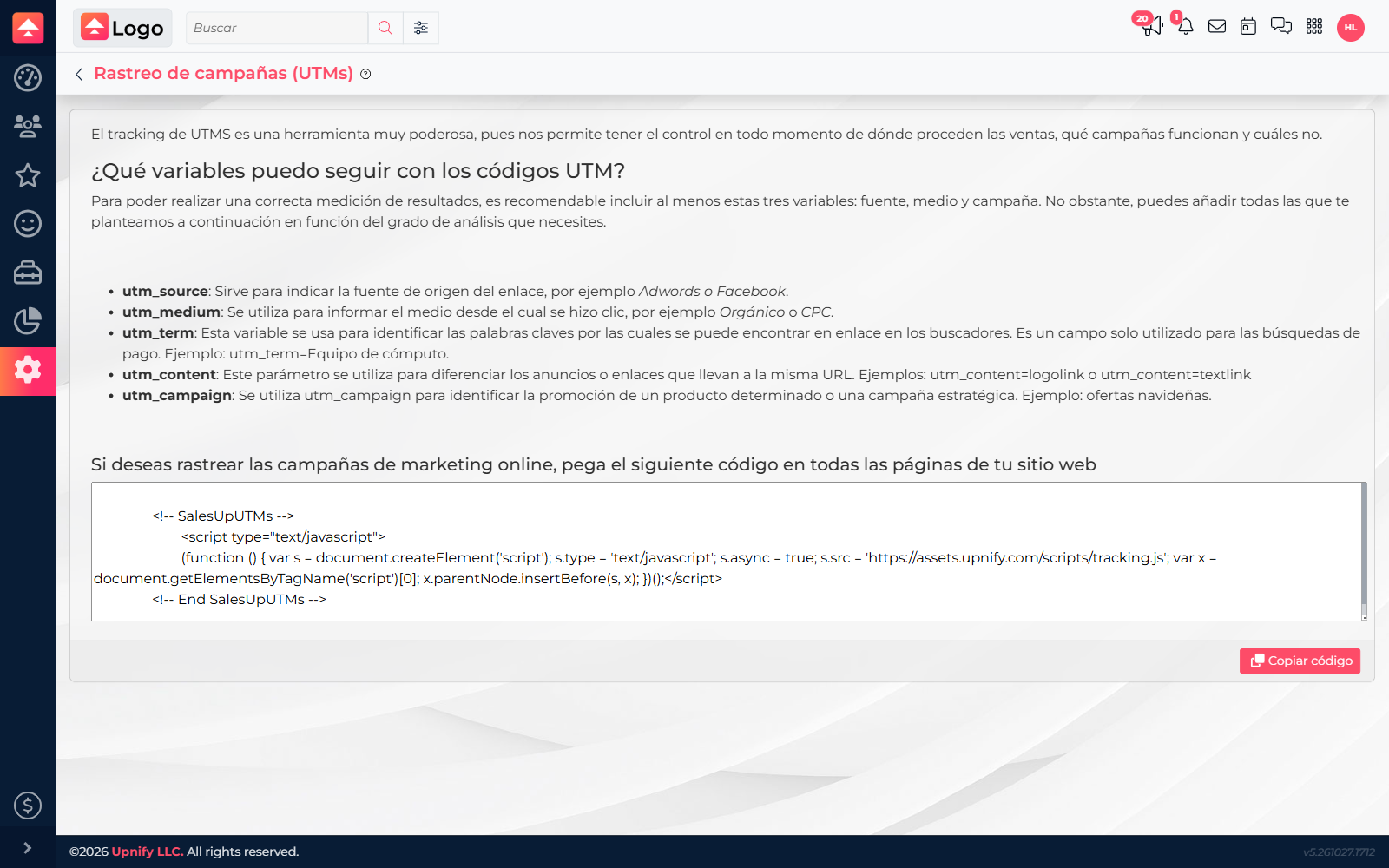 CRM Campaign tracking screen showing the tracking code and Copy code button.