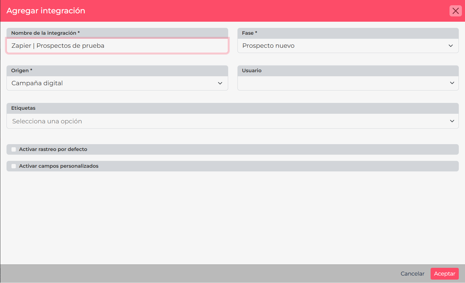Current CRM form for setting up a Zapier integration, with a name, phase, and origin selected.