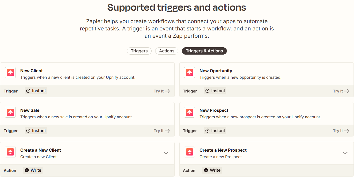 Zapier's official directory showing the New Prospect trigger and actions for creating prospects.