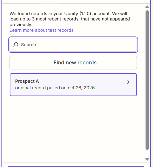 Upnify trigger test result in Zapier: the Prospect A record was found.