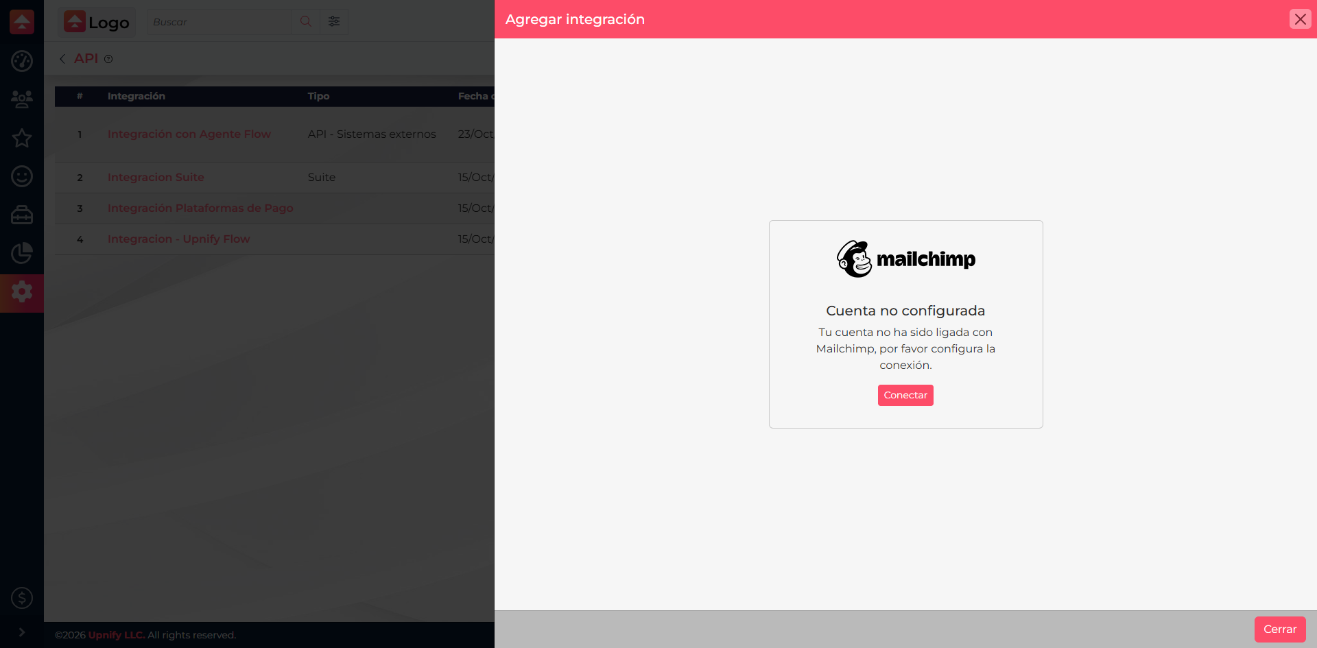 Mailchimp panel in CRM integrations with the option to connect the account.