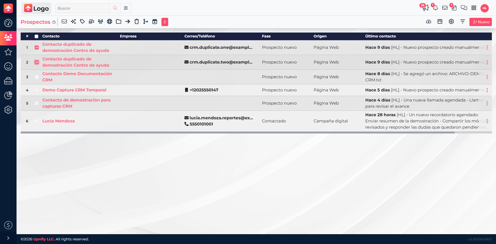 CRM prospect list with selected sample contacts.