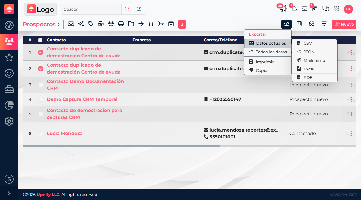 CRM Export menu with Current data and Mailchimp as the destination.