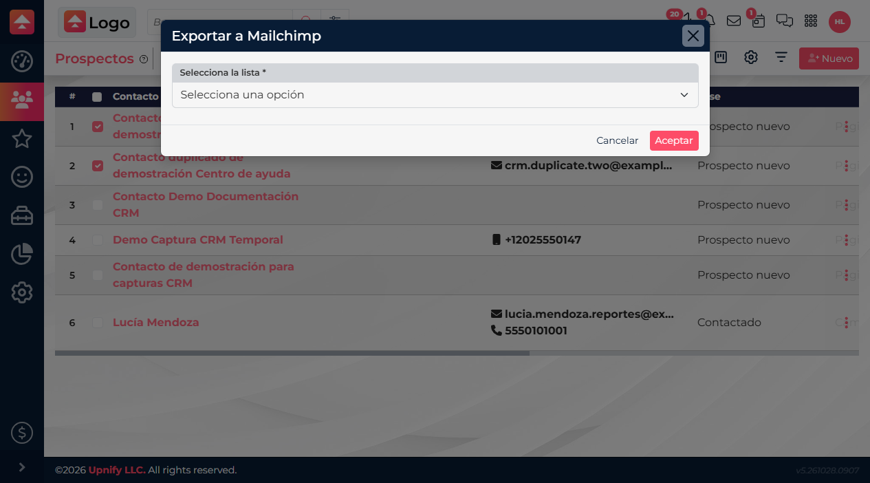 CRM form asking you to choose the Mailchimp audience before continuing.