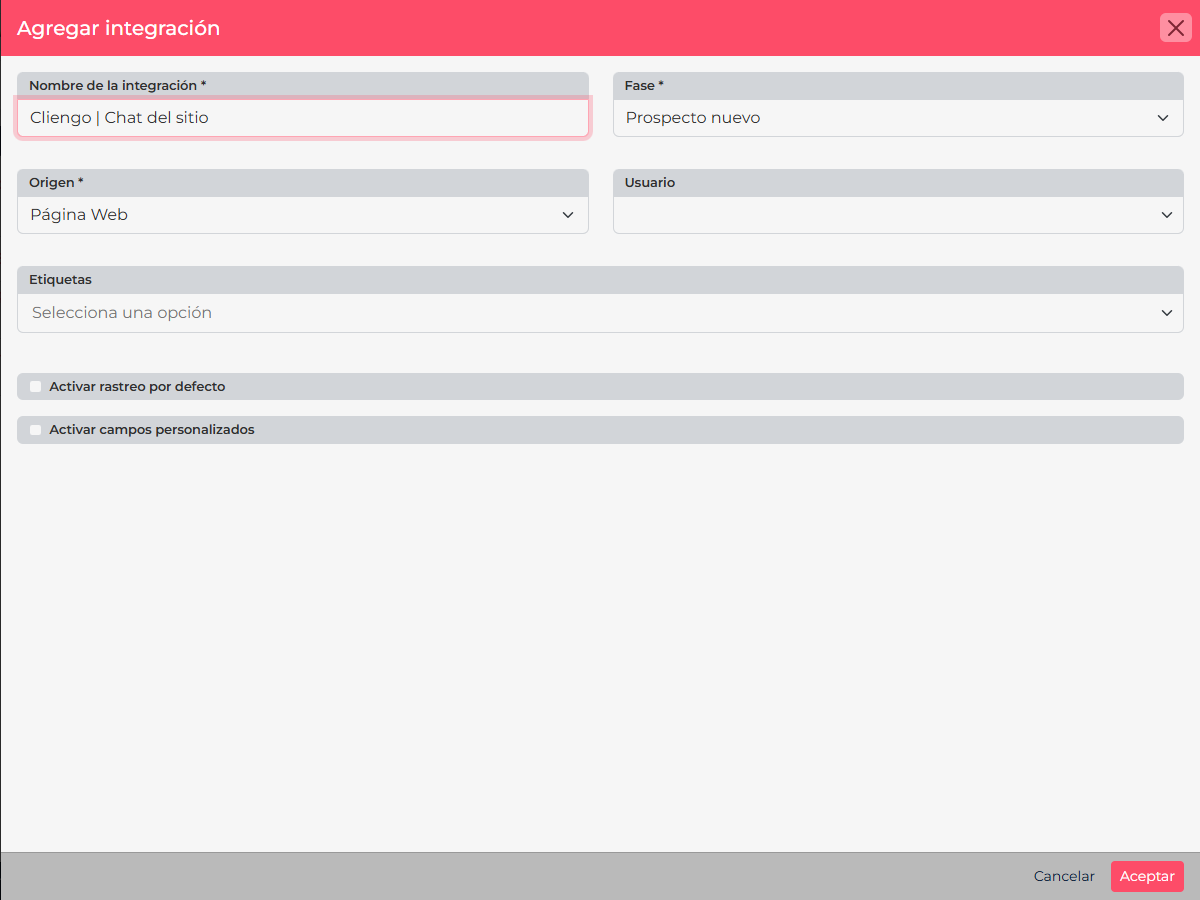 CRM form for naming the Cliengo integration and selecting a default phase and origin.