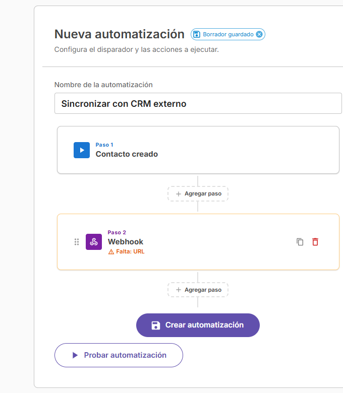 Cliengo automation template that starts with Contact created and continues with a Webhook action that still needs configuration.