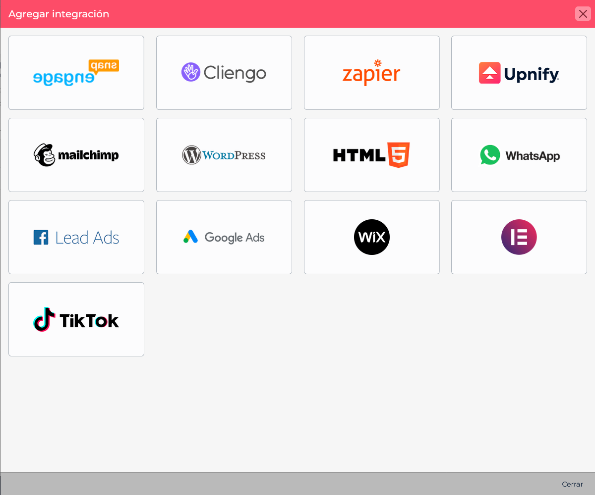 Catálogo de integraciones de CRM con la opción Wix disponible.