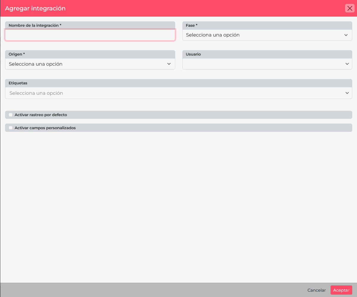 Current CRM form for a WordPress integration, with stage, source, user, and additional options.