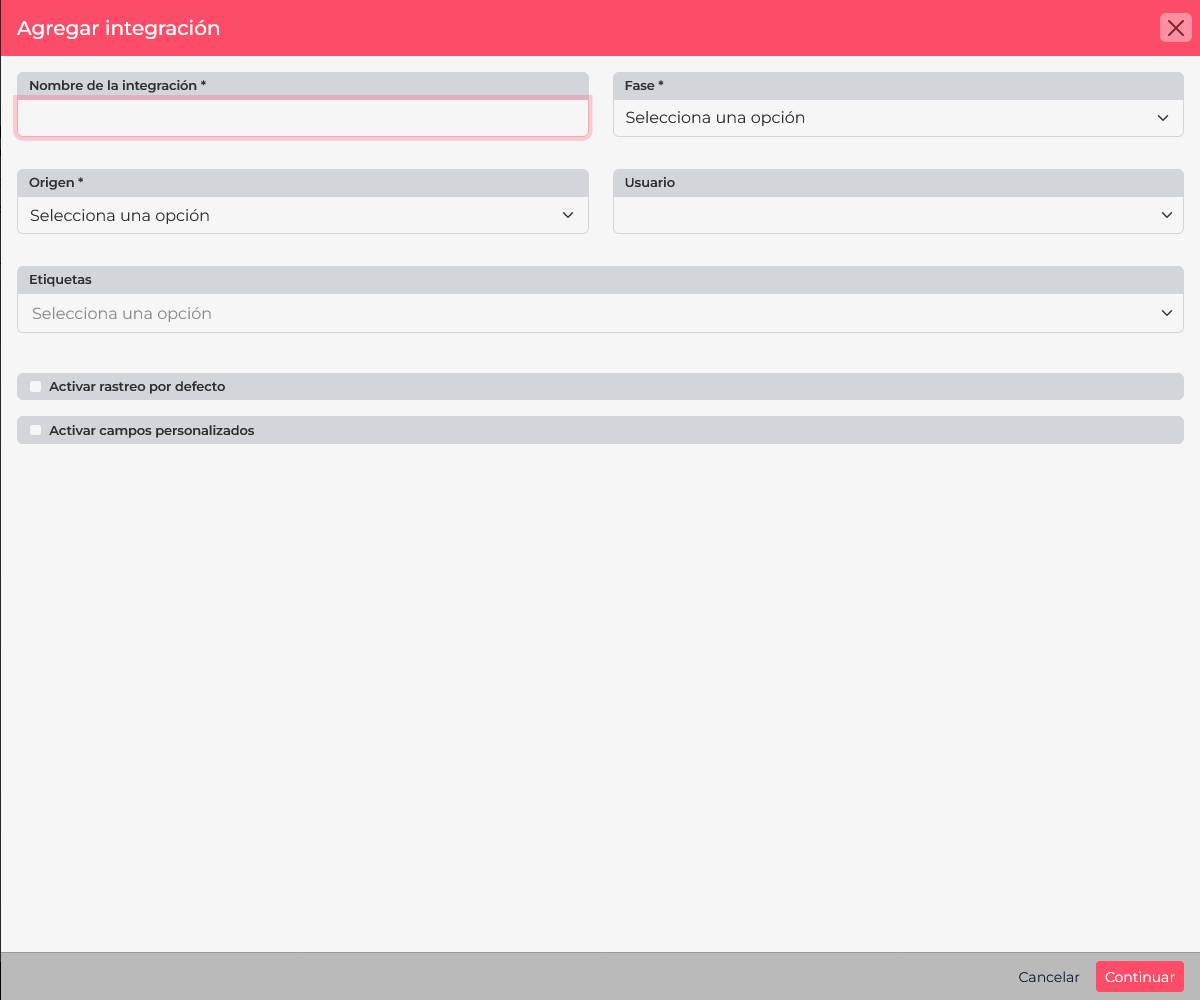 Formulario de CRM para crear una integración Wix con nombre, fase, origen y asignación opcional.