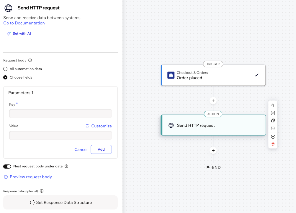 Captura oficial del Centro de ayuda de Wix: selección de campos y configuración de claves para el cuerpo de una solicitud HTTP.