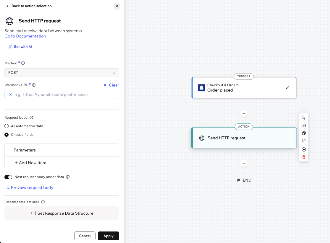 Captura oficial del Centro de ayuda de Wix: configuración de una acción Send HTTP request, método POST y opciones de cuerpo de solicitud.