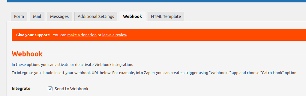 Contact Form 7 tab for the CF7 to Webhook add-on, with Send to Webhook enabled.