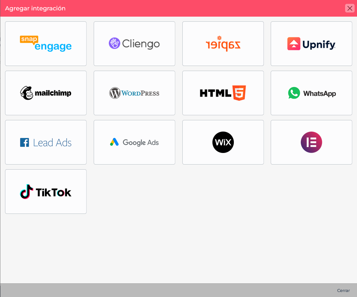 Current CRM integrations catalog with the Elementor option available.