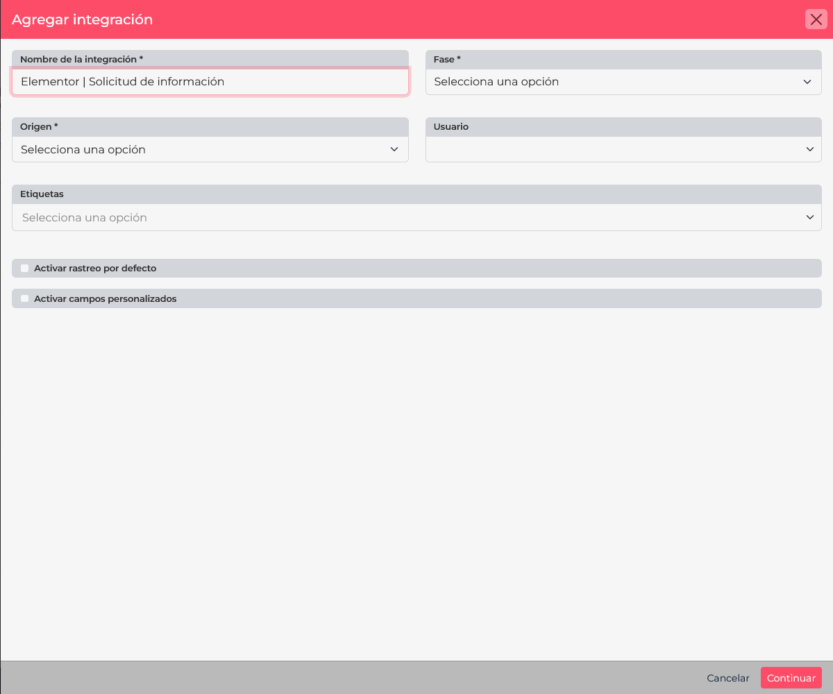 Upnify CRM form for naming an Elementor integration and selecting its stage and source.