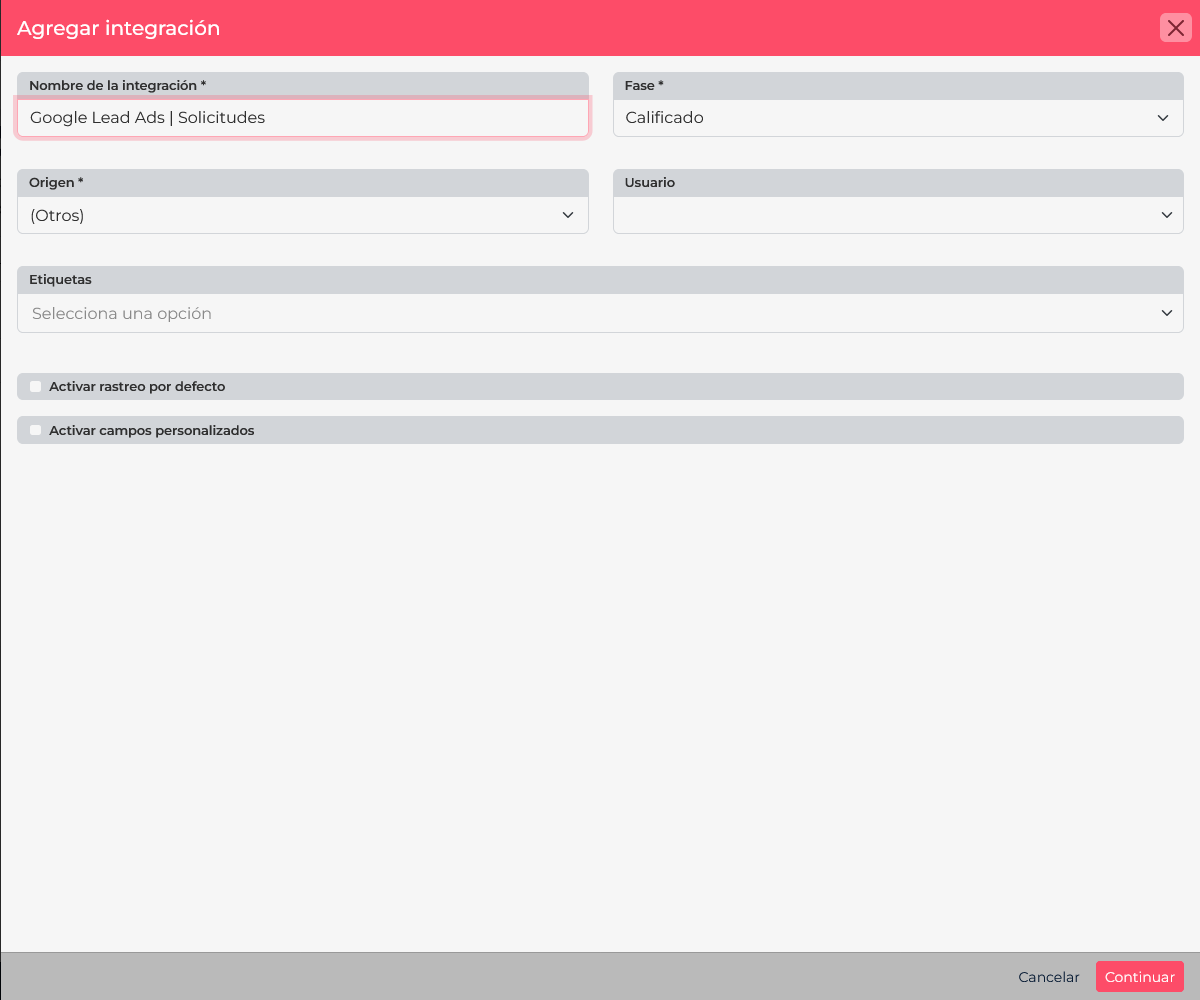 Current CRM setup form for Google Ads lead forms with name, phase, source, owner, tags and additional options