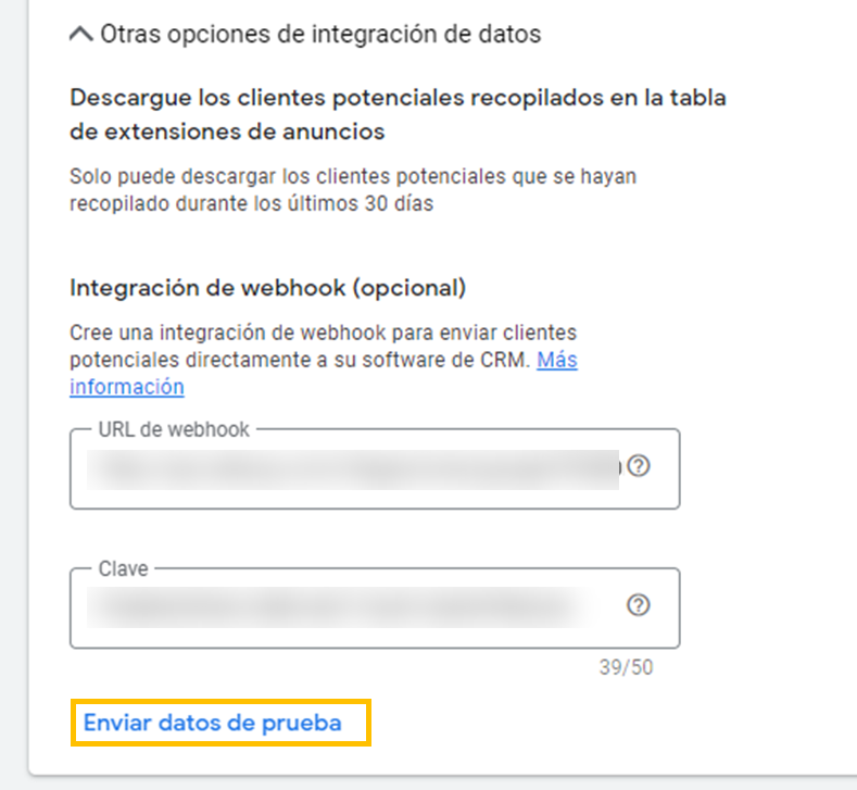 Google Ads form for setting a webhook URL and key and sending test data