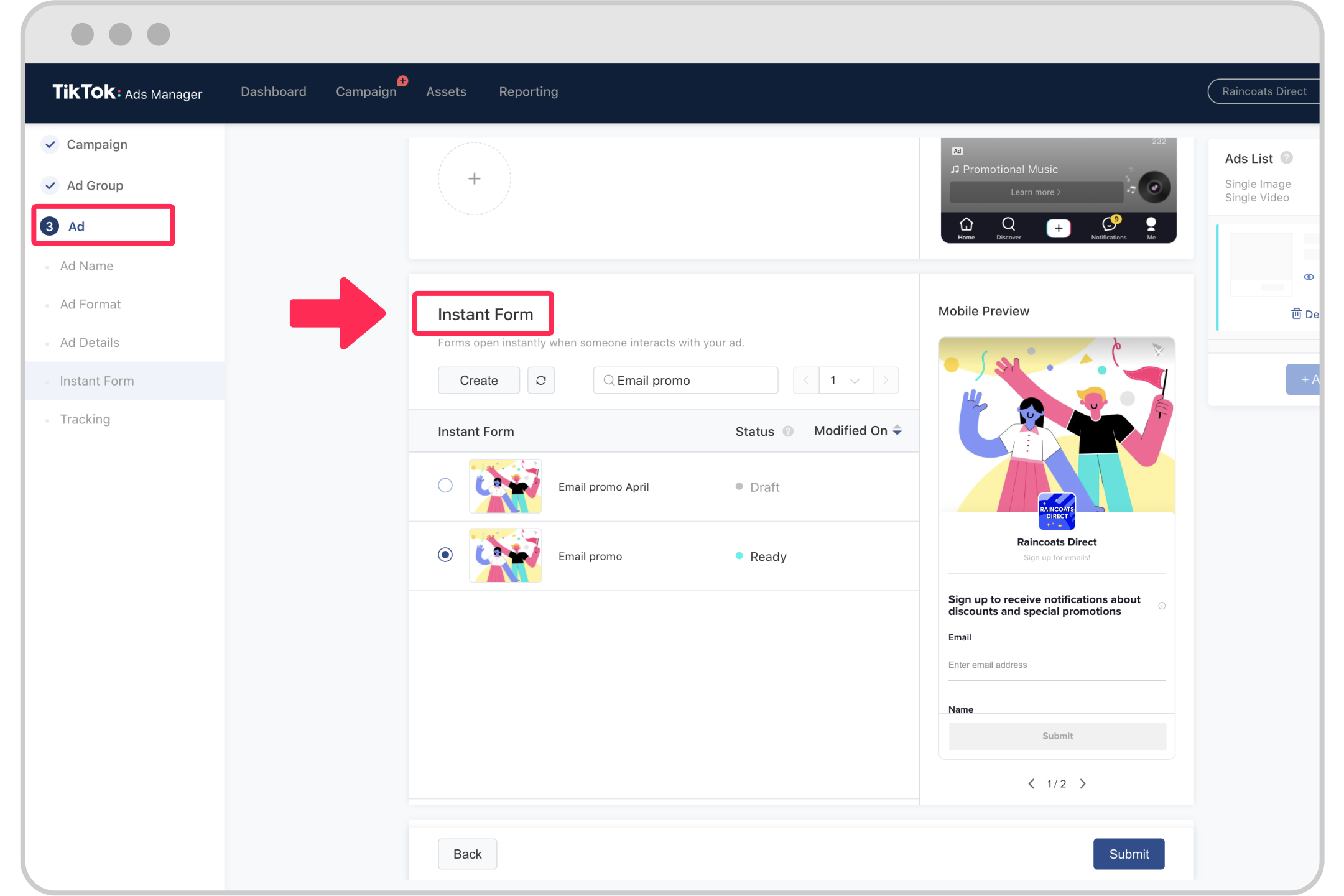 Pantalla oficial de TikTok Ads Manager donde se selecciona Instant Form para un anuncio