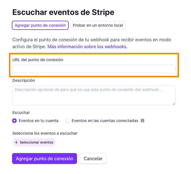 Formulário do Stripe para adicionar a URL de um endpoint webhook, com o campo em branco