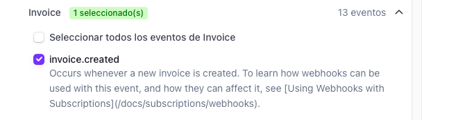 Seletor de eventos do Stripe com invoice.created selecionado