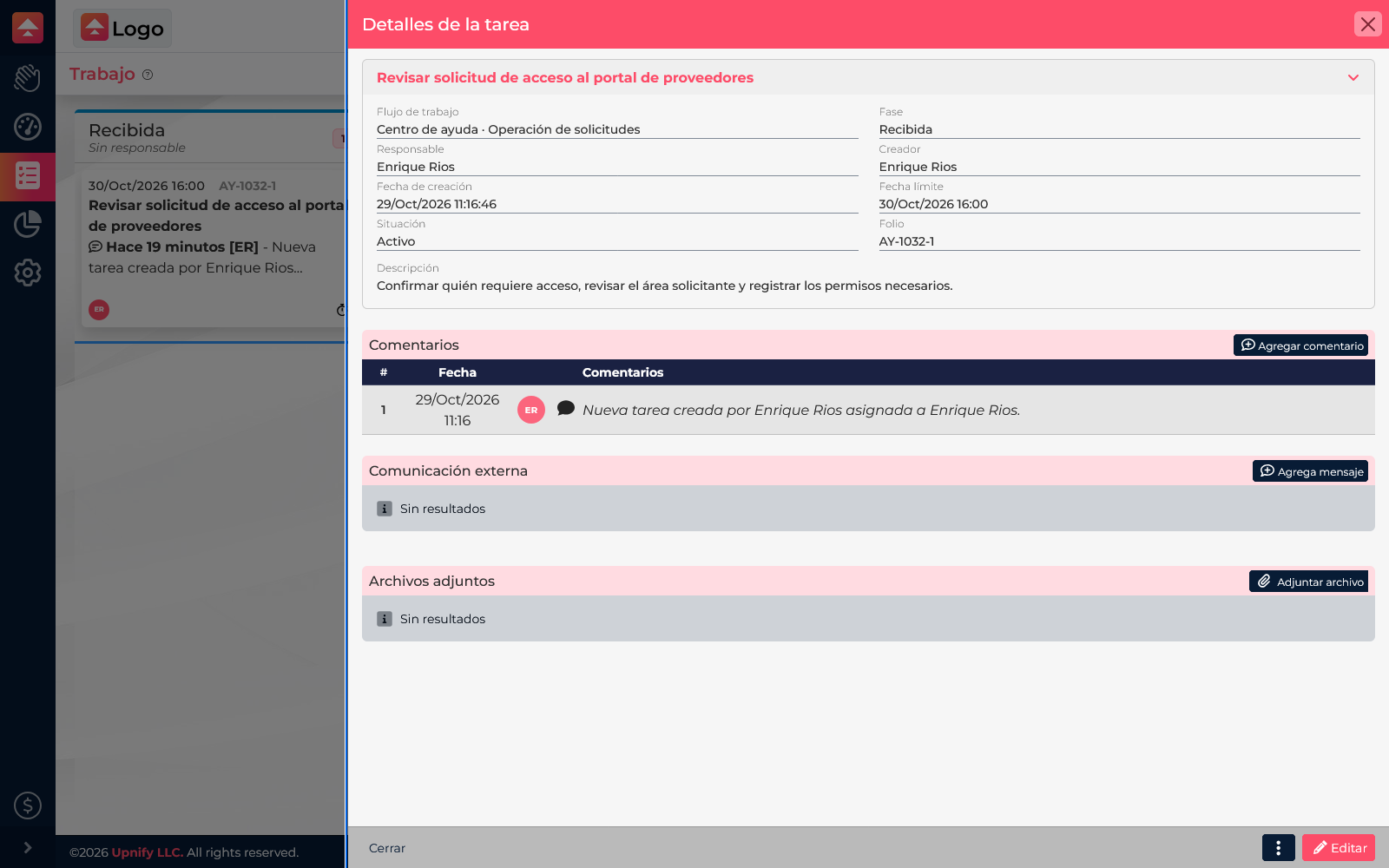 Task details showing its workflow, phase, assignee, dates, and active situation