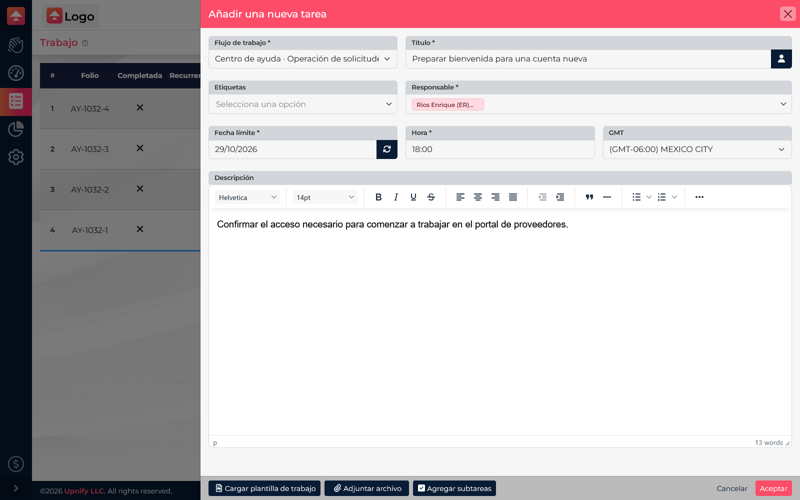 New task form showing workflow, title, assignee, date, time, and description