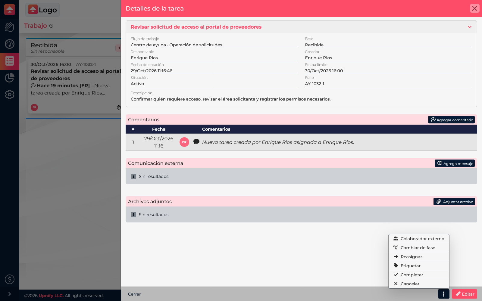 Task action menu with Change phase, Reassign, Complete, and Cancel
