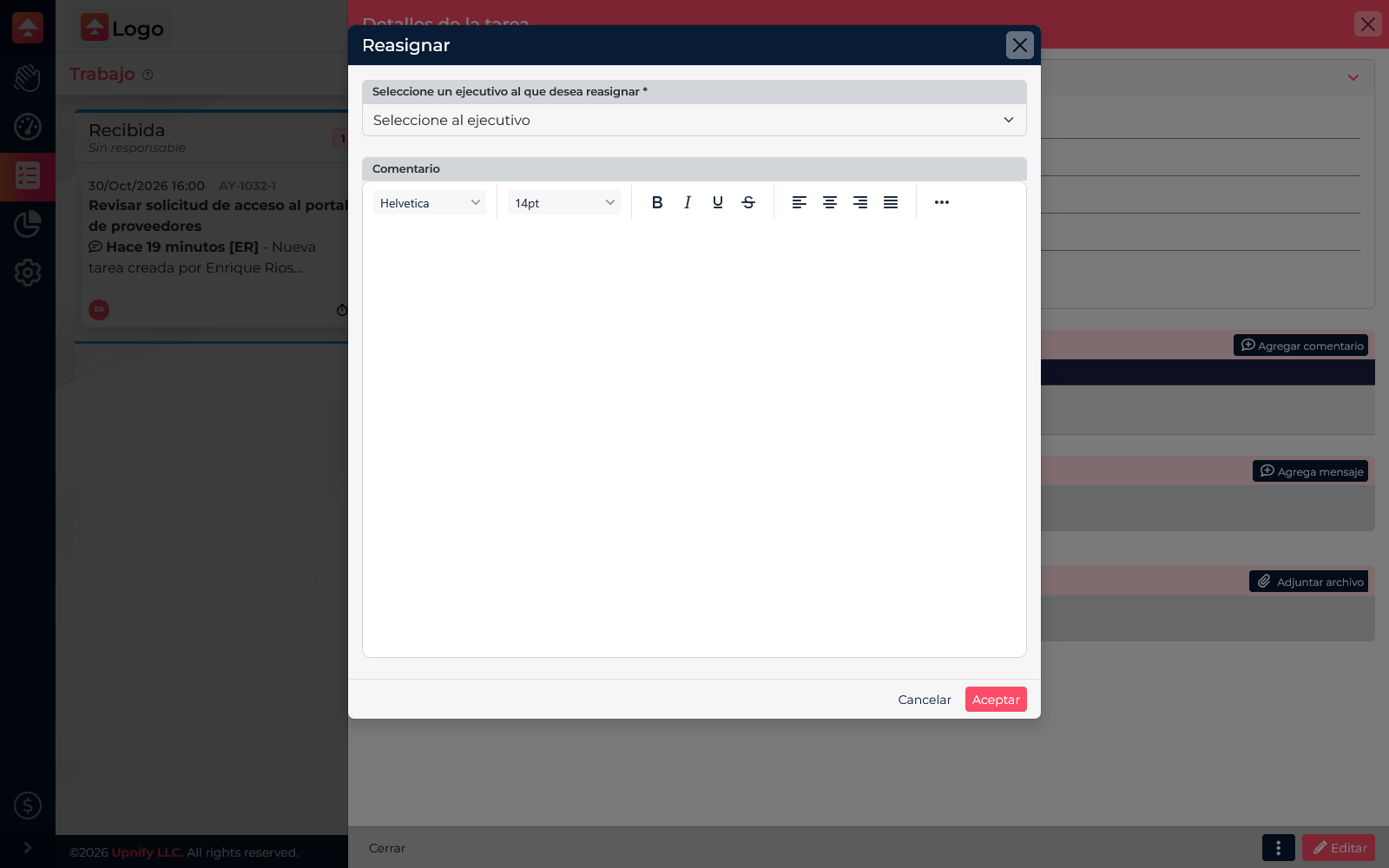 Reassign dialog with an executive selector and Comment field