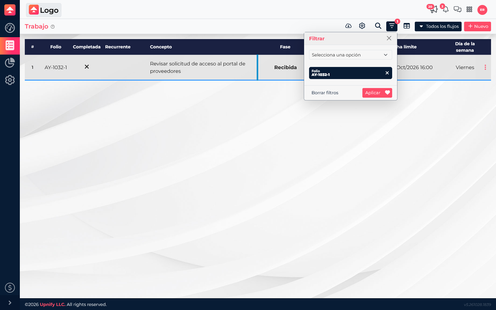 Painel de filtros do Flow com o critério Código AY-1032-1 aplicado e a tarefa correspondente na lista