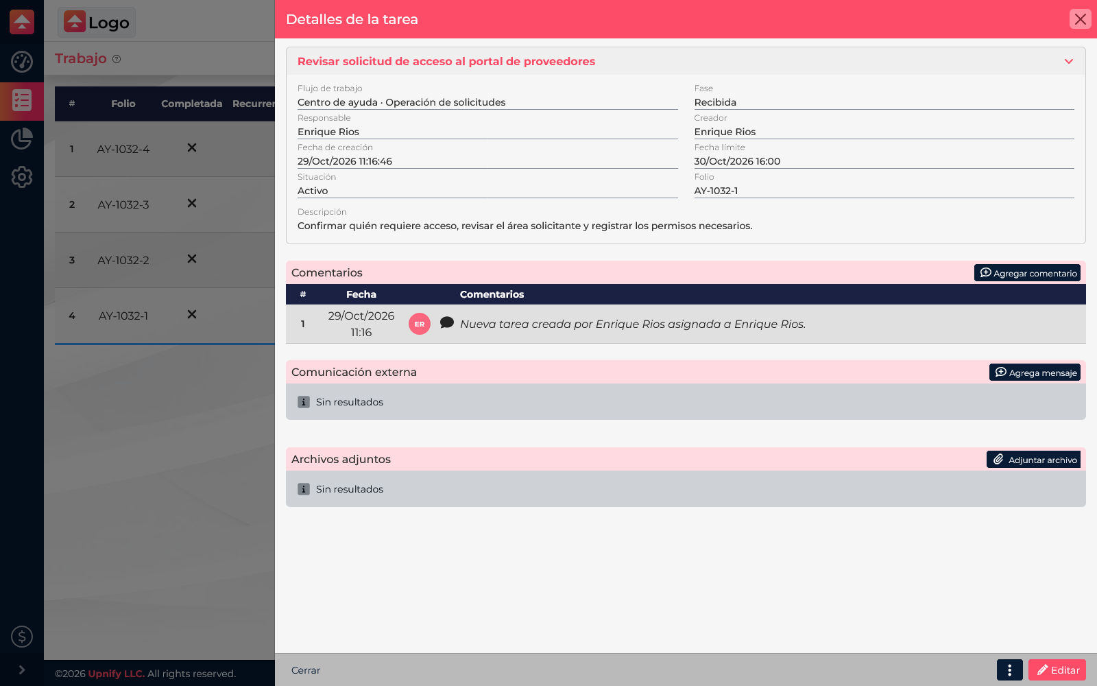 Detalhes de uma tarefa do Flow com as seções de acompanhamento e comentários