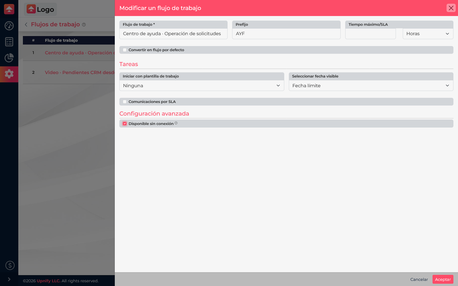 Workflow advanced settings with Available offline enabled