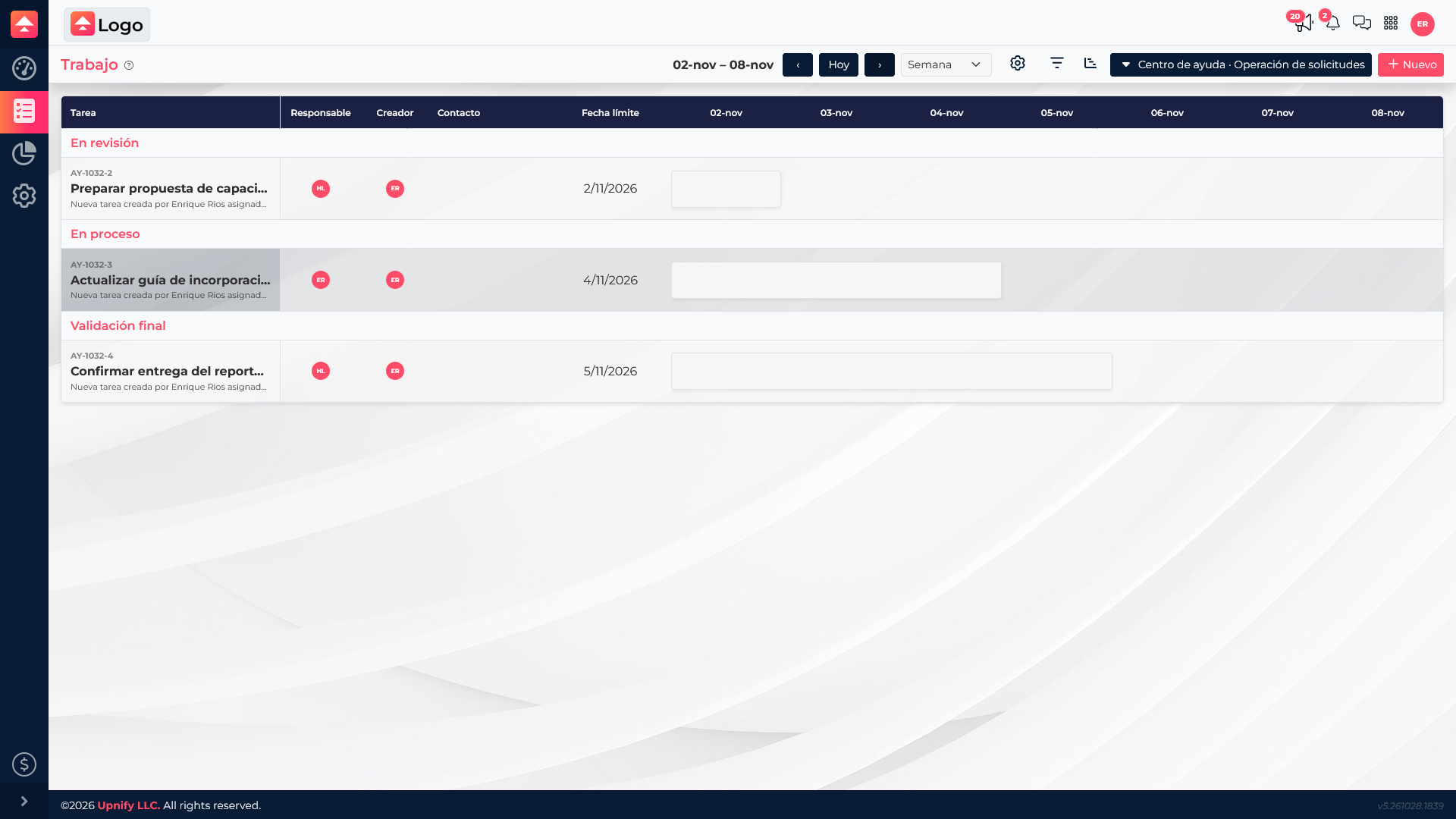 Project view with tasks grouped by phase and due dates on a timeline