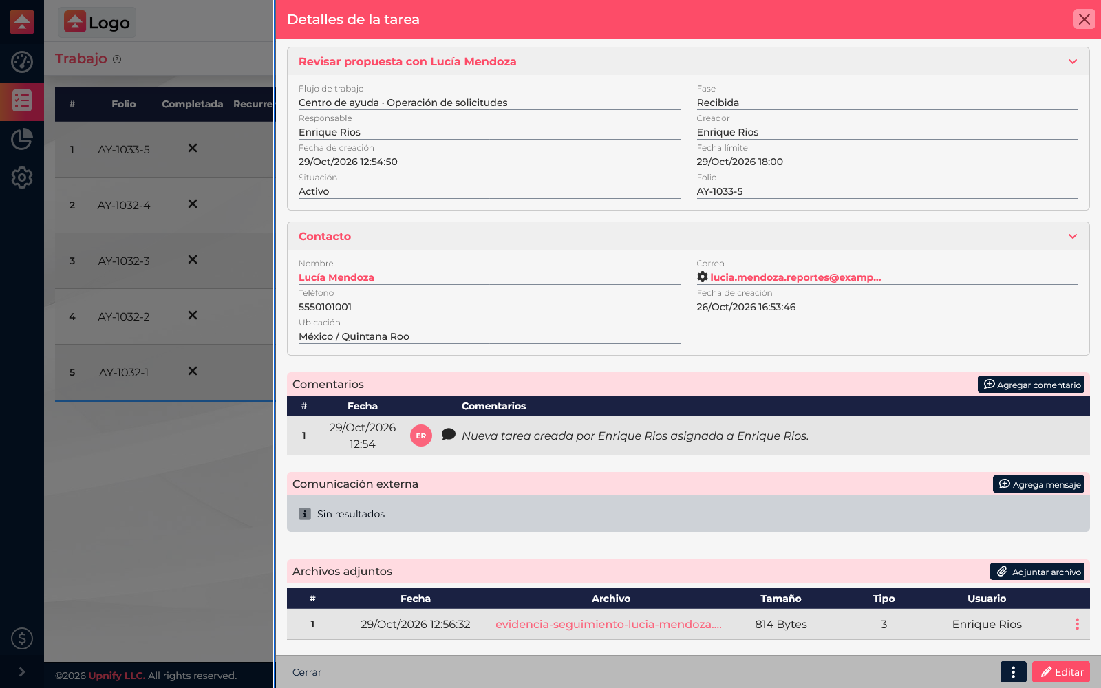 Flow task details showing a linked contact and an attached file in the task table