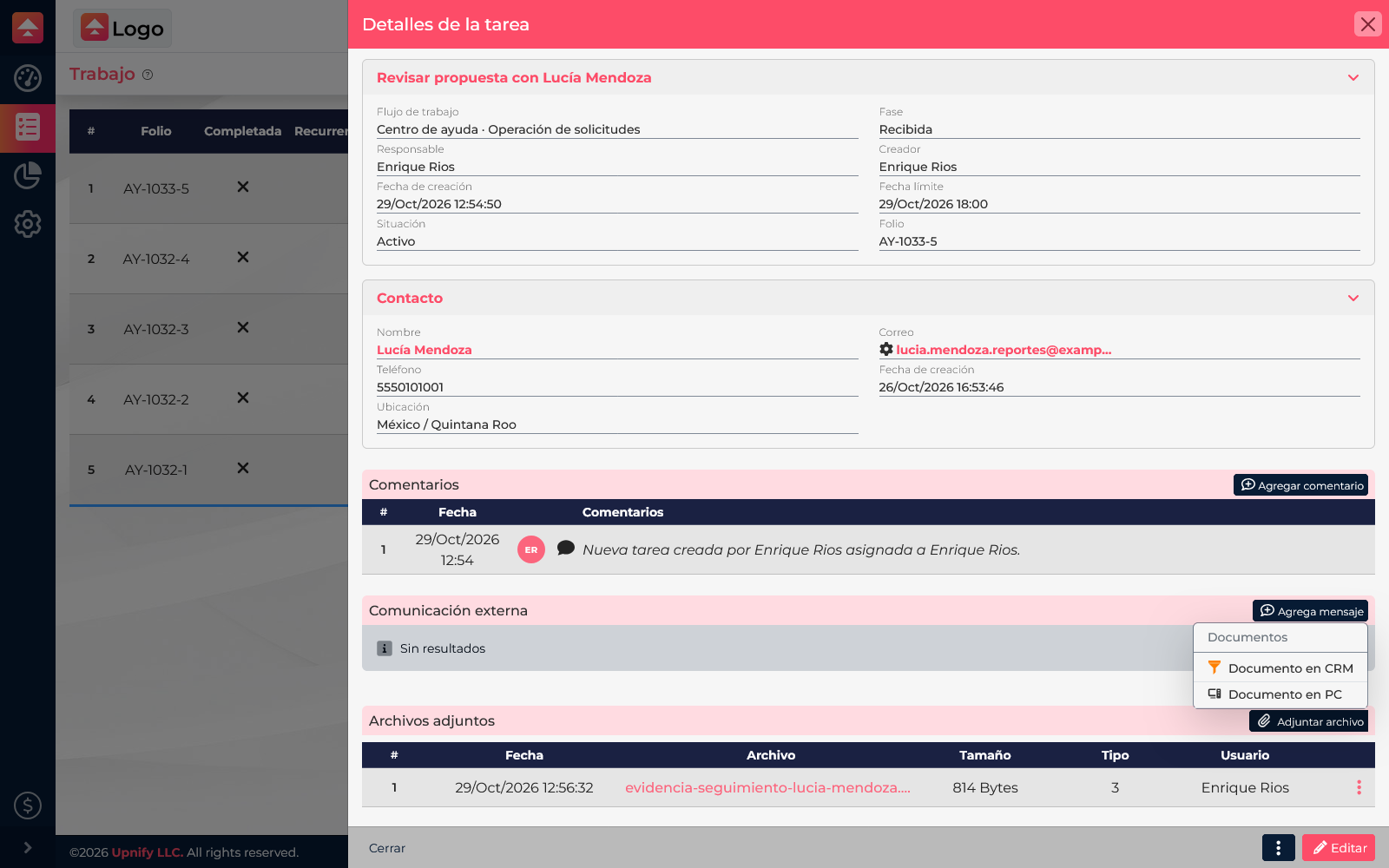 Attach file menu in a Flow task with CRM documents and computer file options