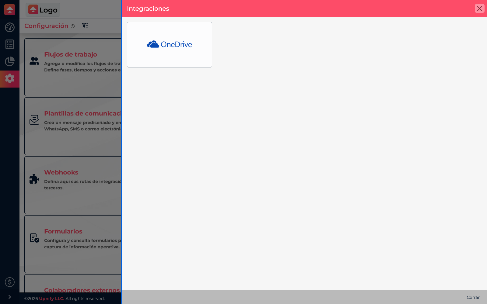 Painel Integrações do Flow com o cartão OneDrive disponível
