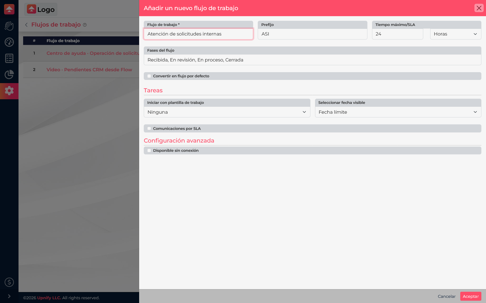 Flow form for creating a workflow with its name, prefix, time limit, and phases