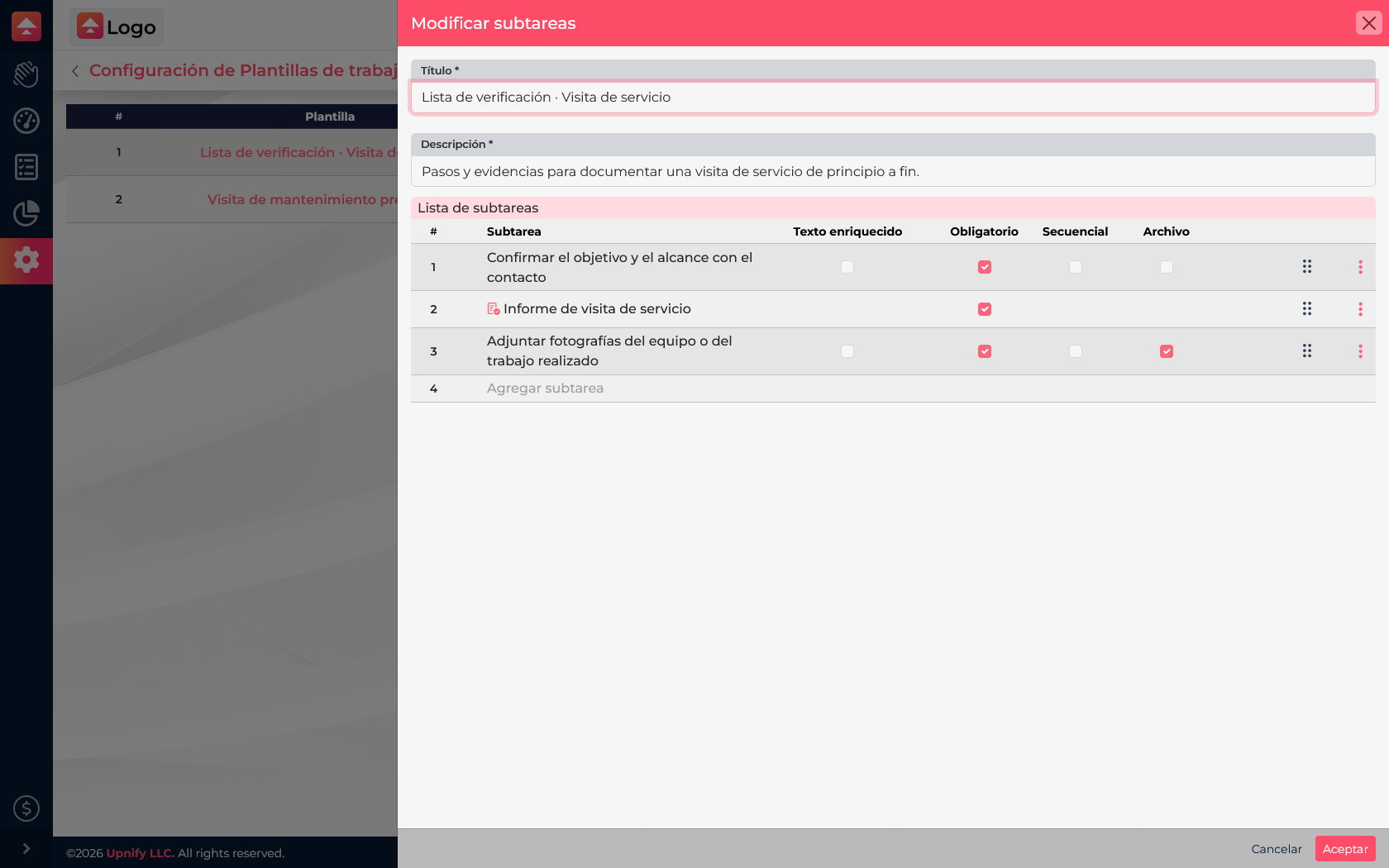 Checklist editor with required steps, a form, and photo upload