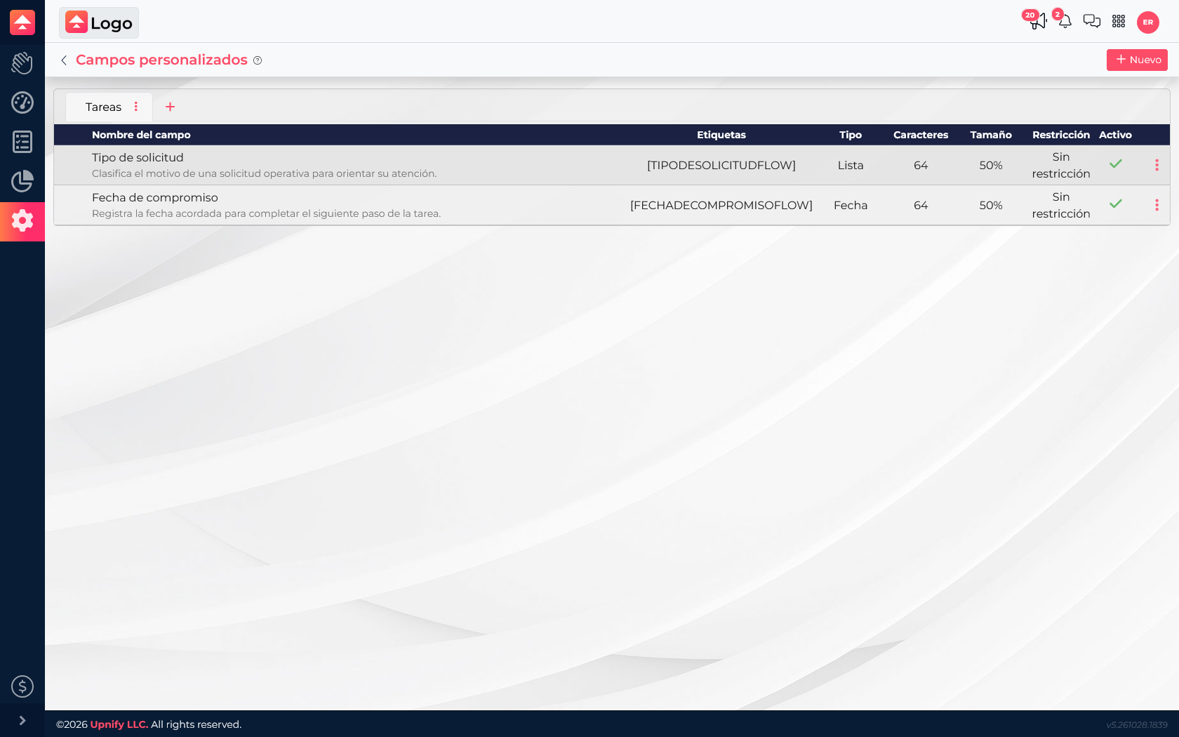 List of custom task fields showing Request type and Commitment date
