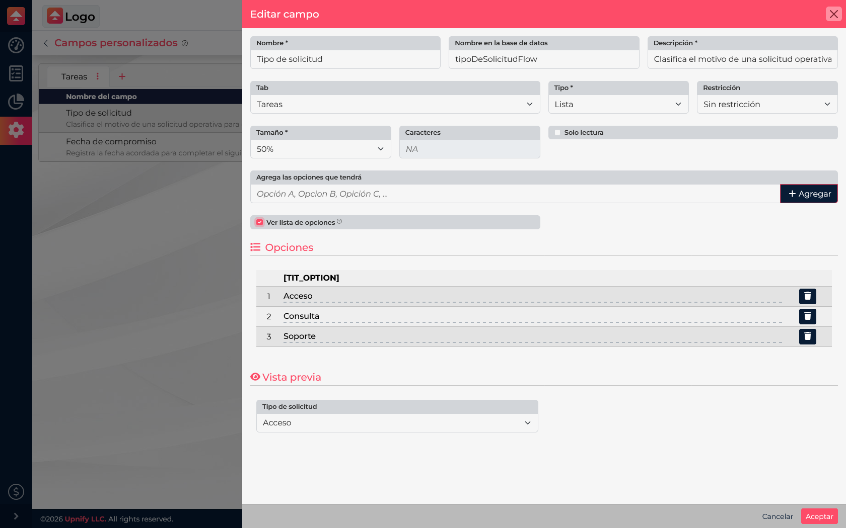 List field editor with Access, Question, and Support options