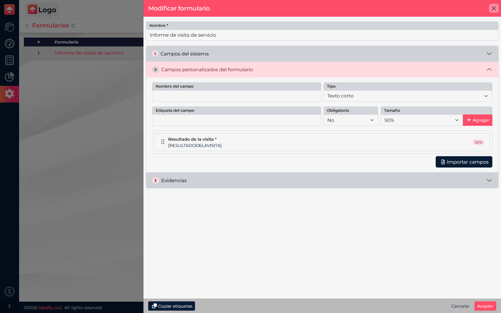 Form editor showing custom fields for a service visit report