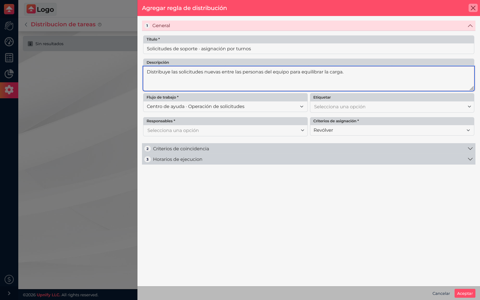 Distribution rule editor with a name, workflow, and Round robin selected