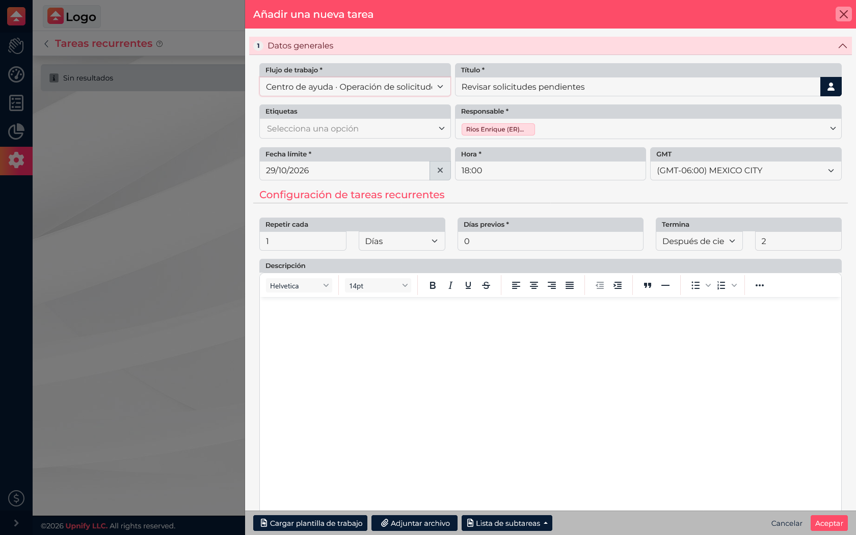 Flow recurring task form set to repeat daily, with an owner, due date, zero lead days, and an end after two occurrences