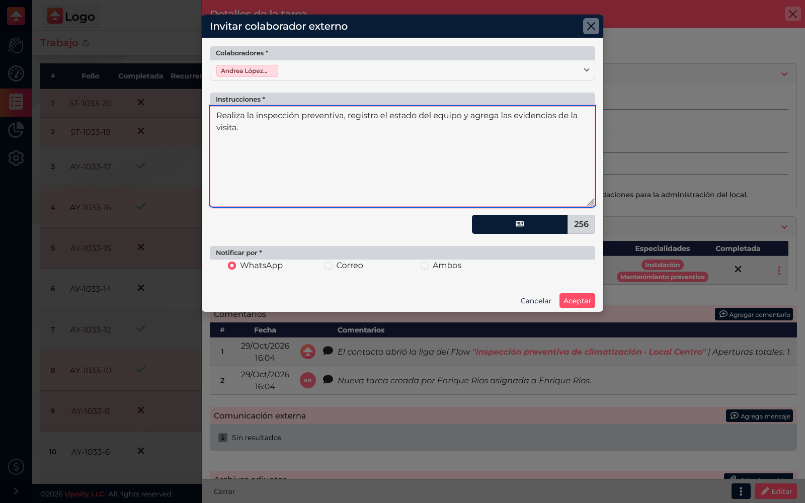Flow dialog inviting Andrea López to a task, with instructions and notification channels