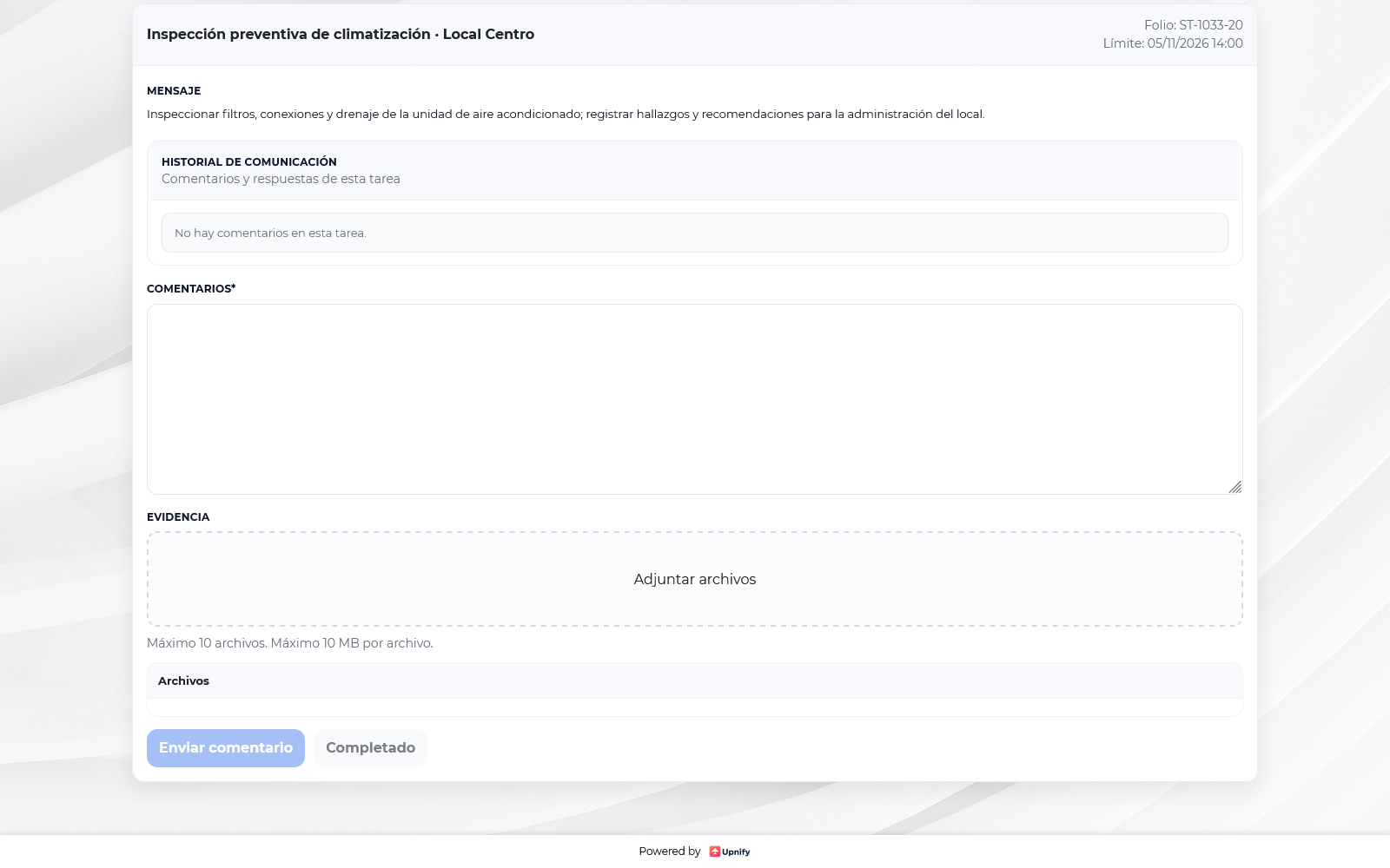 Flow external portal with task details, instructions, history, comment field, file upload, and Completed button