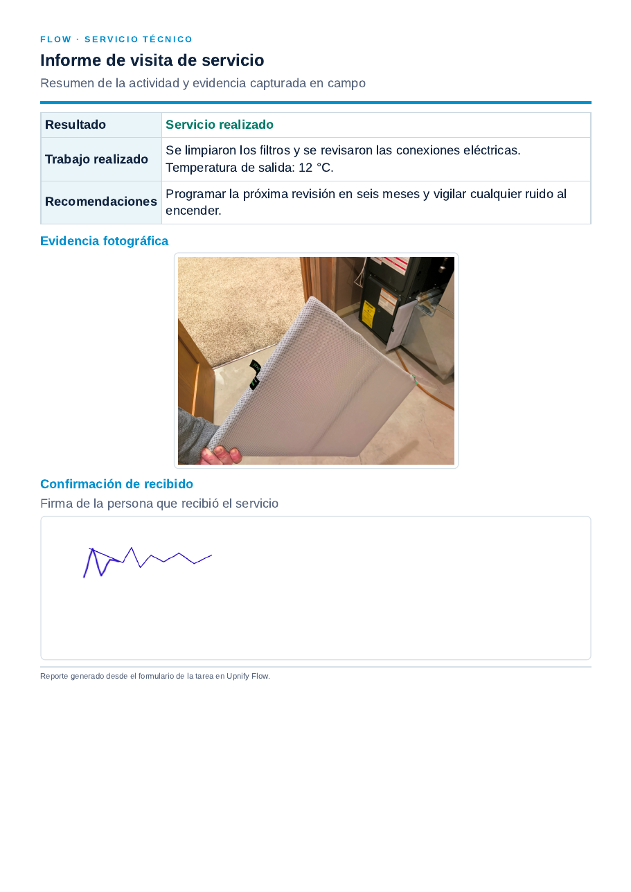 Flow-generated report with completed answers, a photo, and a signature