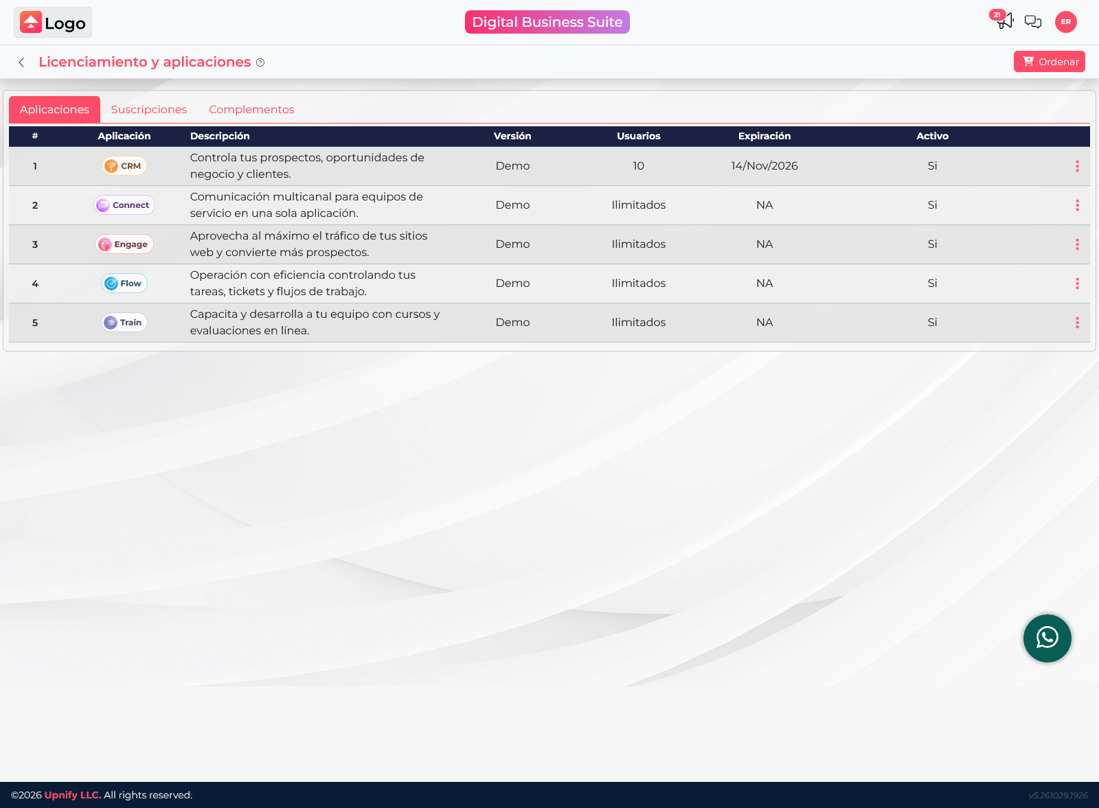 Licensing and applications screen where Flow is listed with unlimited users.
