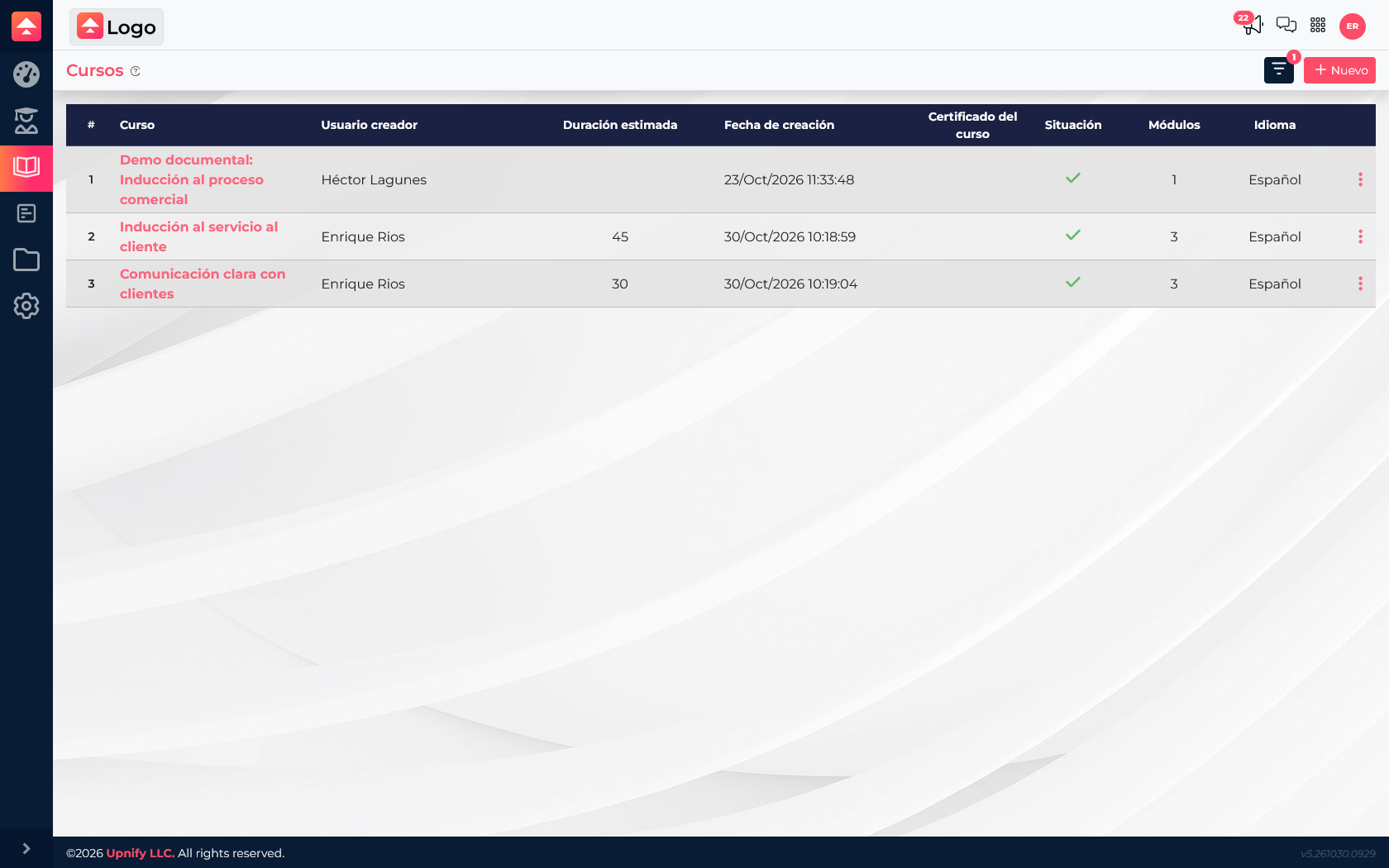 List of active courses in Upnify Train, including customer service induction and communication.