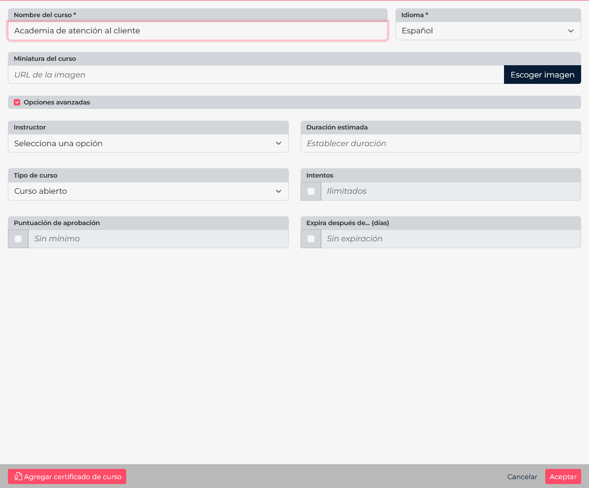 Train course form with the button to add a certificate.