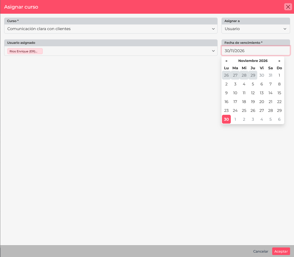 Assignment form with a selected learner and the calendar for setting the due date