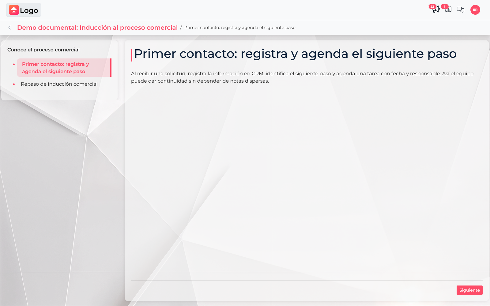 Learner view of the assigned course Demo documental: Inducción al proceso comercial.